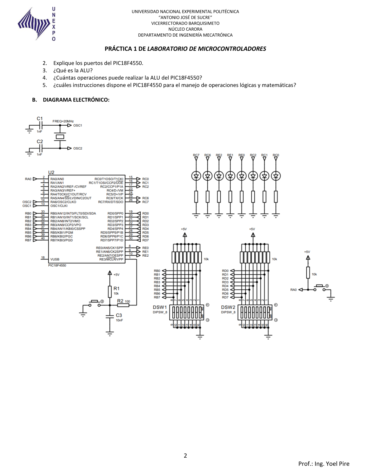 Diagrama electronico de la Practica 1 con PIC18F4550, switches y LEDs