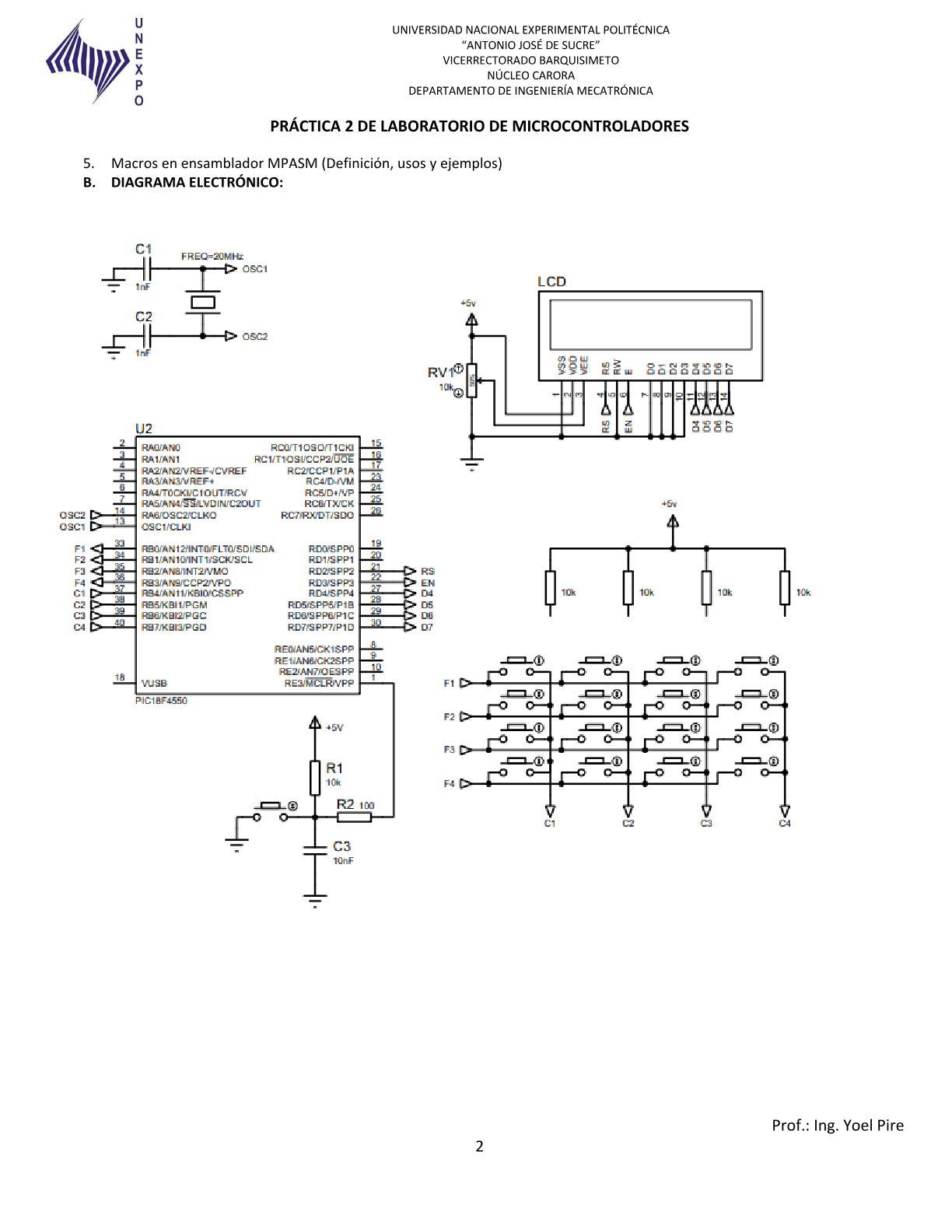 Diagrama electronico de la Practica 2 con PIC18F4550, LCD y teclado matricial