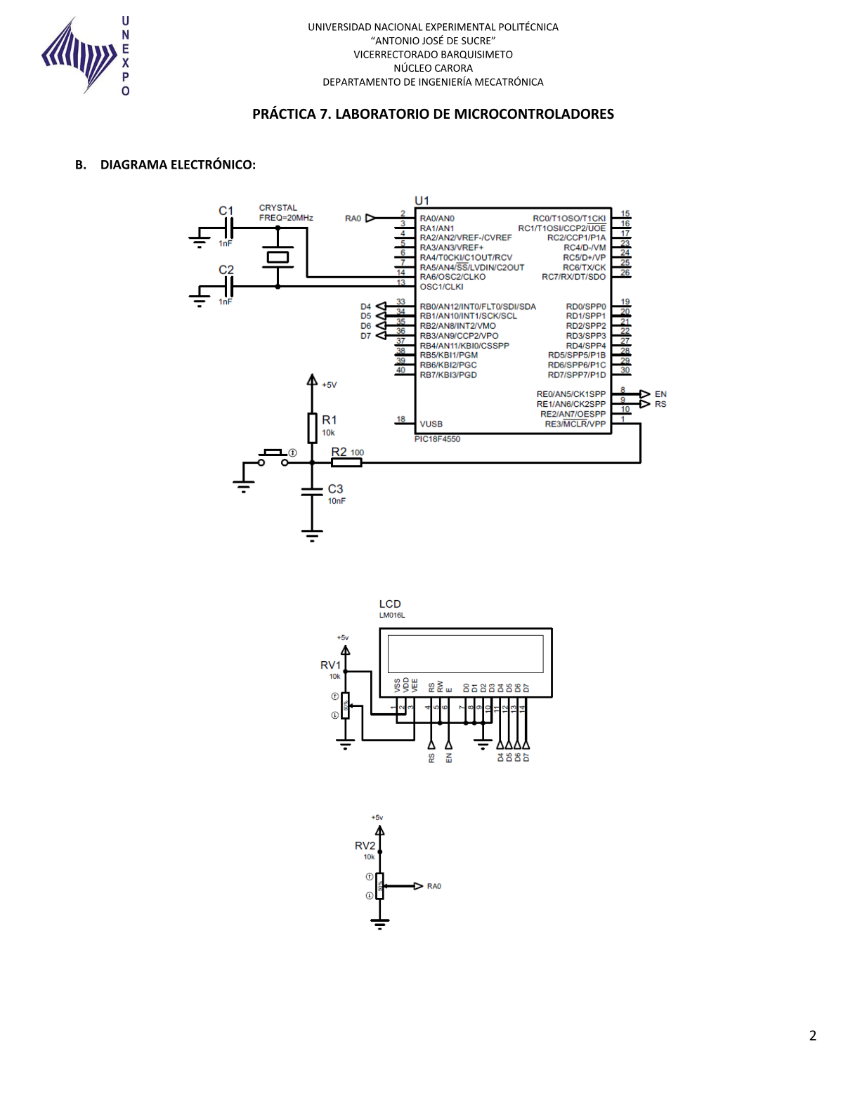 Diagrama electronico de la Practica 7 con potenciometro en AN0 y LCD
