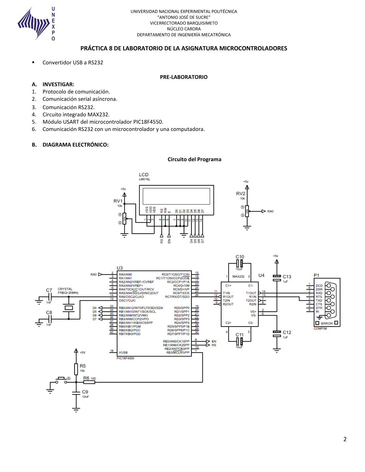 Diagrama electronico de la Practica 8 con MAX232 y comunicacion serial
